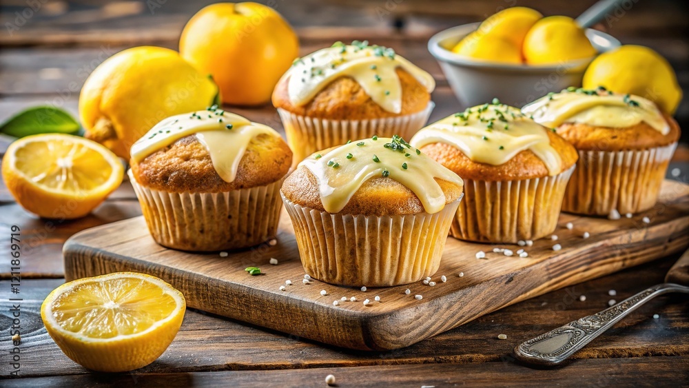 Fresh Lemon Poppy Seed Muffins with Glaze on Wooden Board - Baking Delight Fresh Lemon Poppy Seed Muffins with Glaze on Wooden Board - Baking Delight