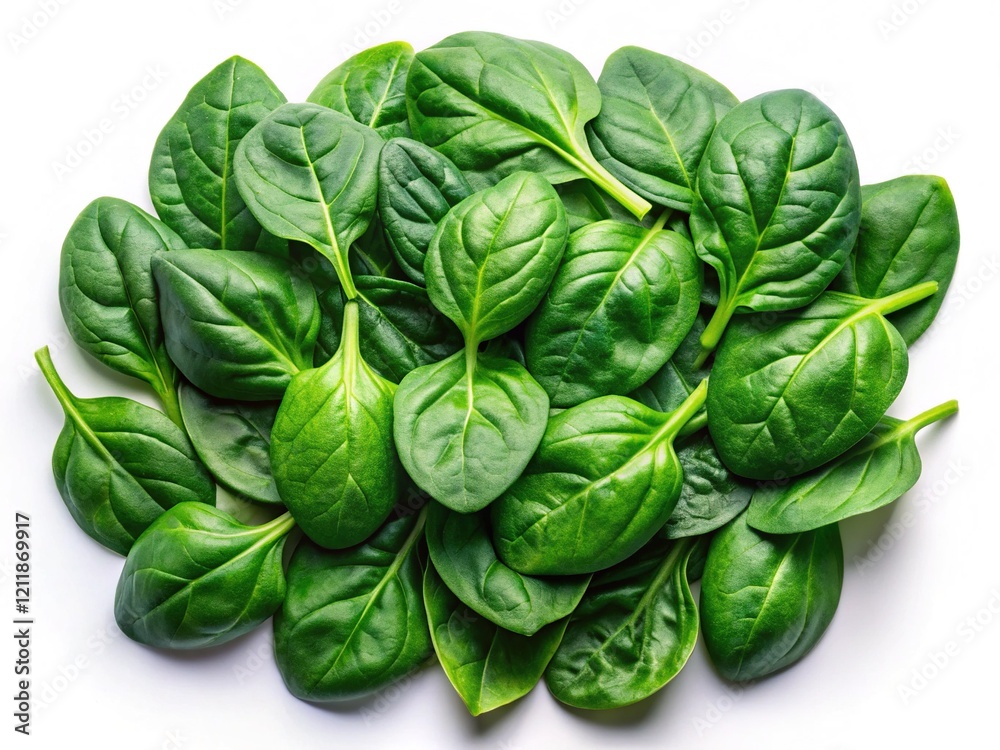 Fresh spinach leaves, vibrant green, against a clean white backdrop. AI-generated landscape. Fresh spinach leaves, vibrant green, against a clean white backdrop. AI-generated landscape.