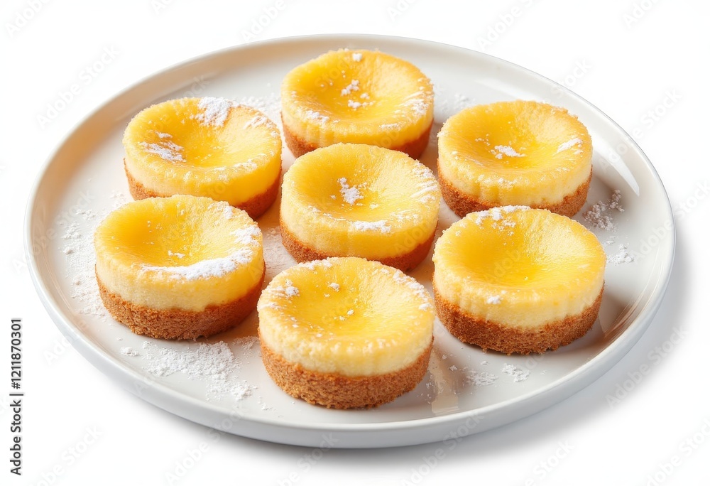 Six mini cheesecakes with powdered sugar on white plate Six mini cheesecakes with powdered sugar on white plate
