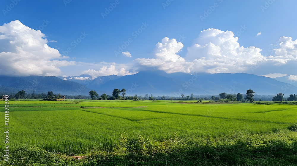 Lush green rice paddy fields under a vibrant blue sky with majestic mountains in the background. Perfect for travel brochures or nature documentaries Lush green rice paddy fields under a vibrant blue sky with majestic mountains in the background. Perfect for travel brochures or nature documentaries