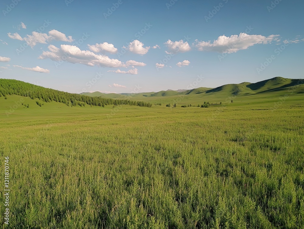Obraz premium Lush green steppe under blue sky, Mongolia; pastoral scene