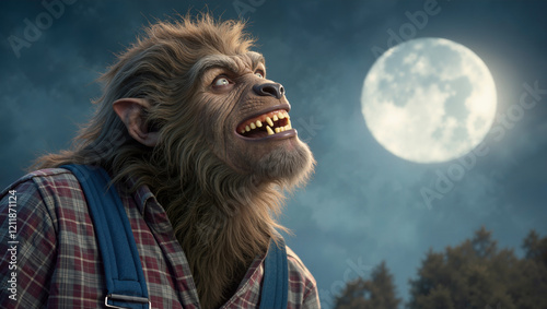 A Howling Werewolf Gazing at the Full Moon.