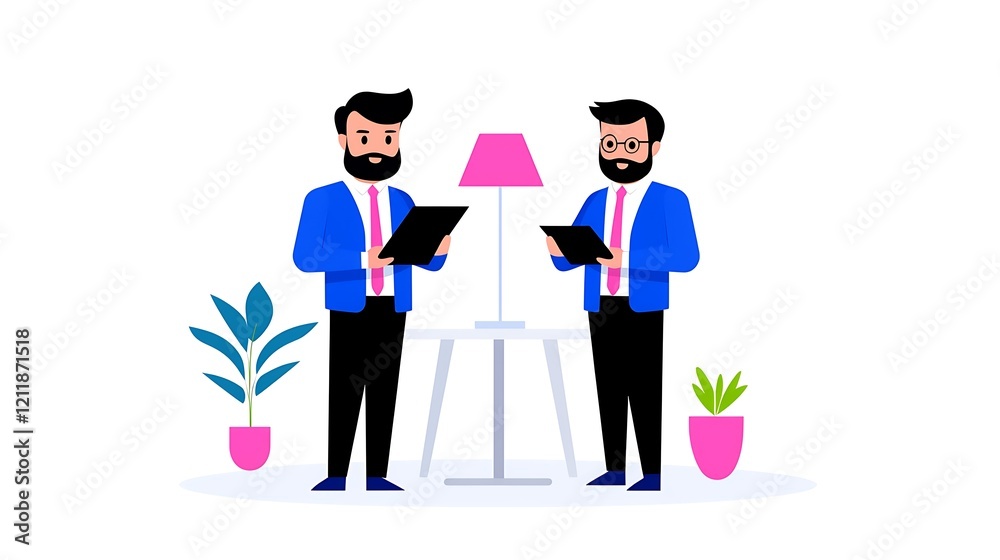 Two Businessmen Reviewing Documents Together in Modern Office Setting Two Businessmen Reviewing Documents Together in Modern Office Setting