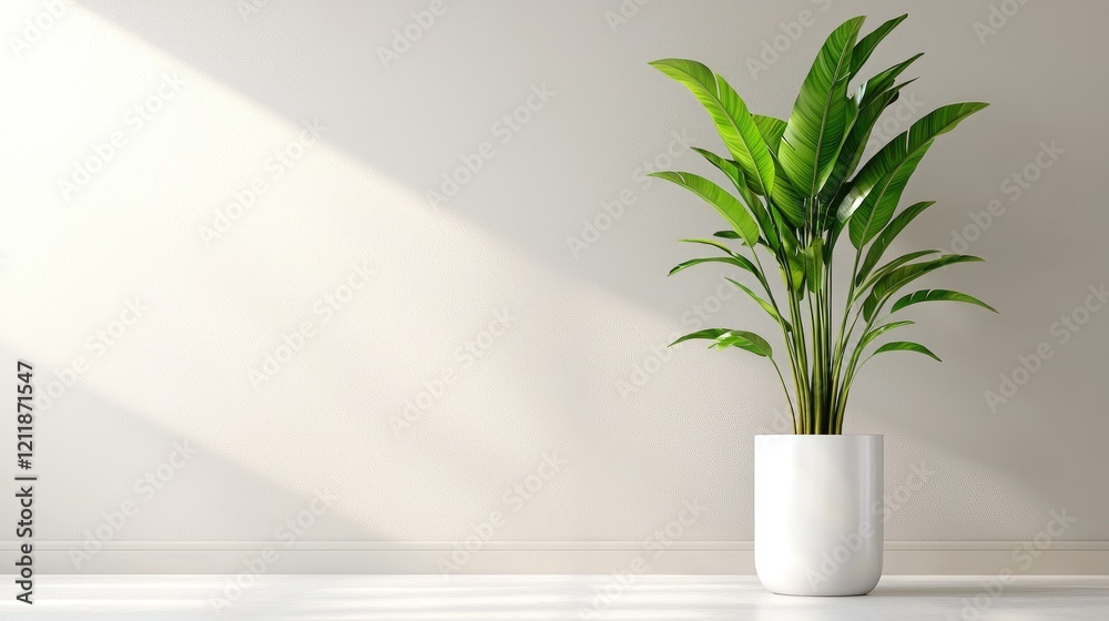 Sunlit plant in minimalist room; interior design Sunlit plant in minimalist room; interior design