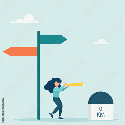 Starting a new business, vision or career path. Roadmap of business milestones. A self-confident character standing with a far-sighted look into the future at the initial milestones of the road.	