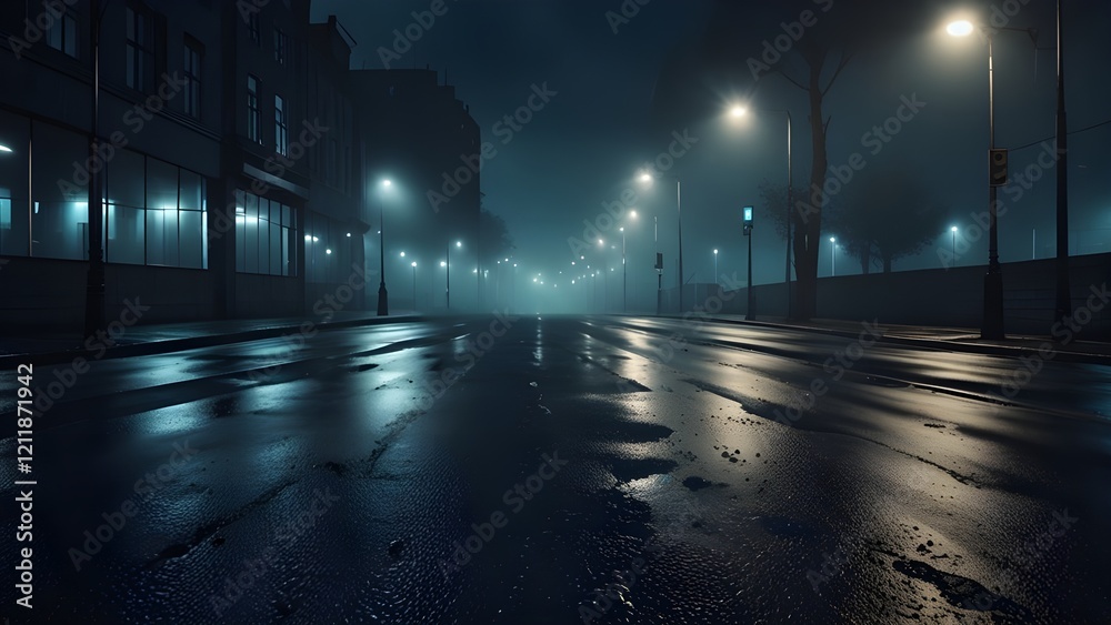 Blue dark background of empty foggy street with wet asphalt. Generative AI Blue dark background of empty foggy street with wet asphalt. Generative AI