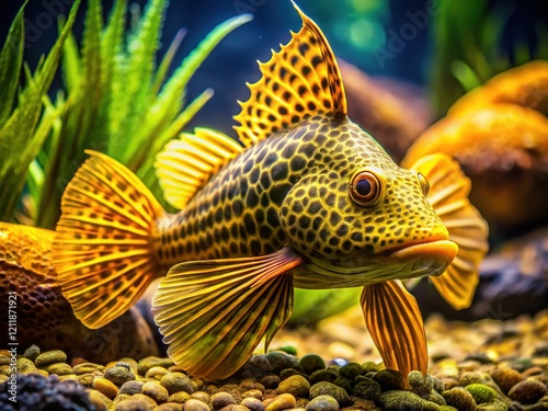 High-end pleco portrait, fashion shot in an aquarium. Exotic fish photography. photo