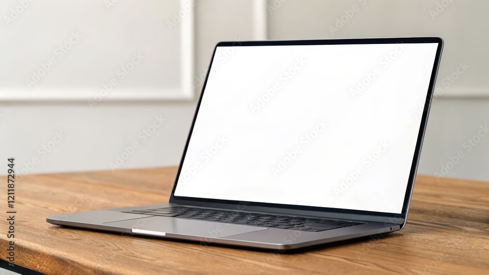 Laptop on a wooden table with a blank screen Laptop on a wooden table with a blank screen