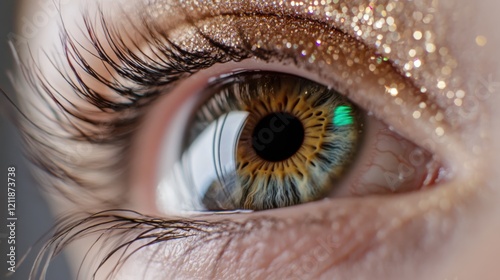 A captivating close-up of an eye shimmers with intricate multicolored glitter, revealing depth and vivid detail in its gaze.