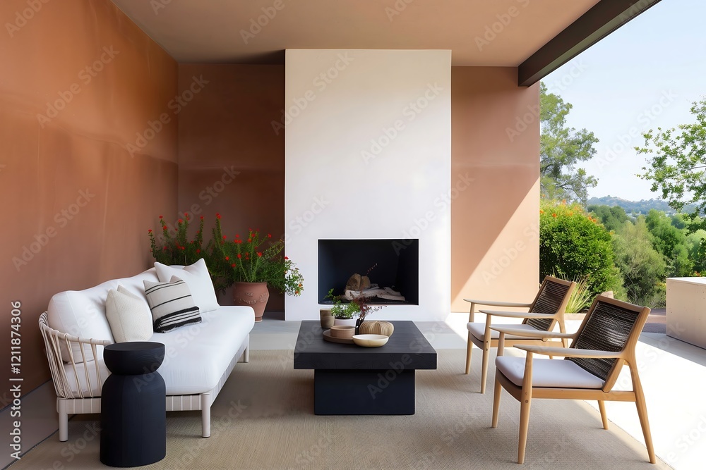 Fototapeta premium Boho-inspired living space interior featuring terracotta walls, a white sofa, and rattan furniture with vibrant cushions.