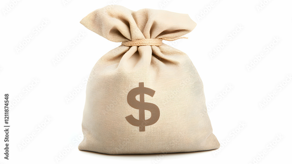 Money bag on white background, symbolizing wealth and finance, used for financial articles or business presentations Money bag on white background, symbolizing wealth and finance, used for financial articles or business presentations