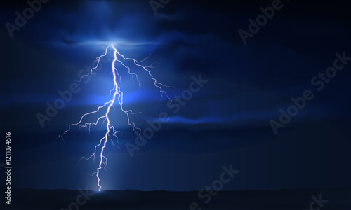 Thunder lightning. Dramatic thunderstorm with bright lightning against dark cloudy ominous sky. Dark blue nature thunderstorm background, night landscape. Realistic vector illustration