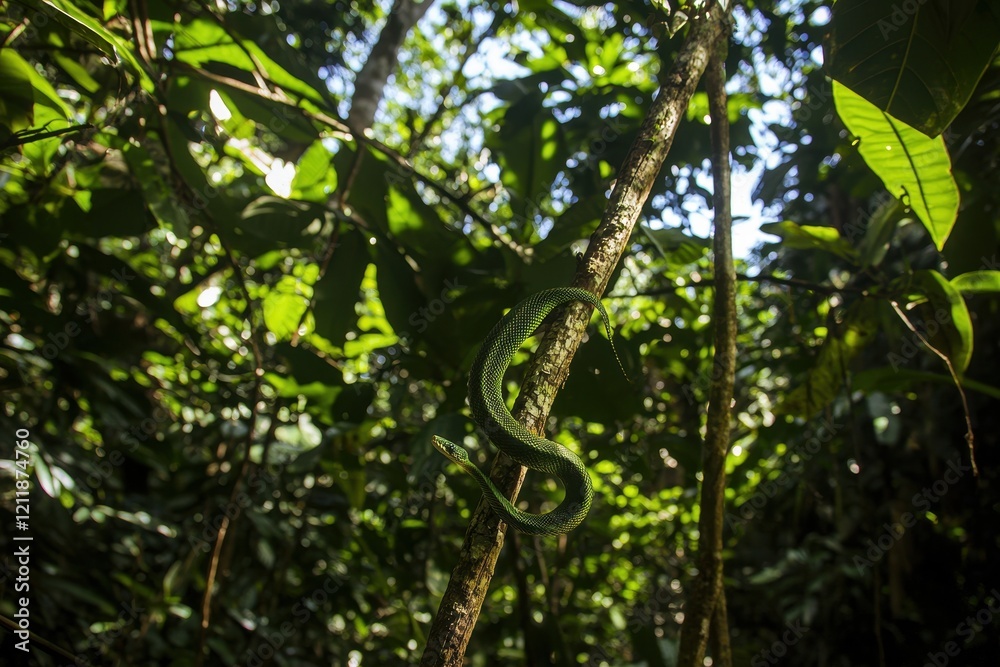 A green tree python coiled around a branch in a lush tropical rainforest, scales shimmering in the dappled sunlight A green tree python coiled around a branch in a lush tropical rainforest, scales shimmering in the dappled sunlight