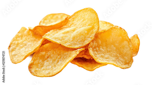 Crispy golden potato chips stacked on a white surface ready for snacking isolated on transparent background