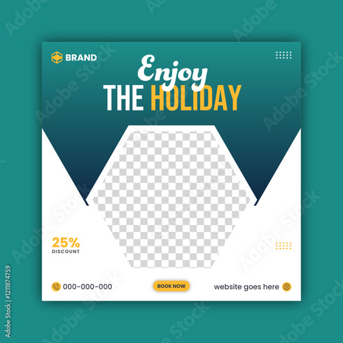 Holiday package social media post template for travel agency. Modern social media post template with travel theme.