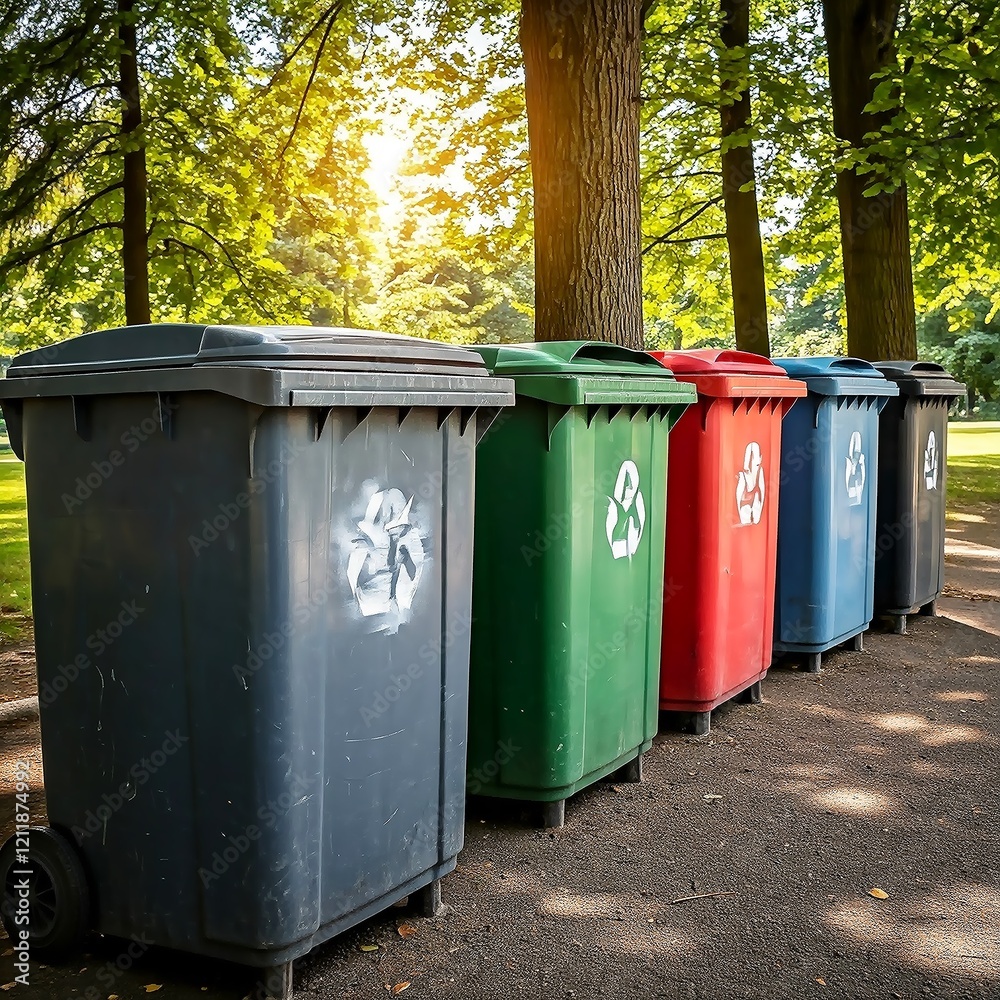Color-coded recycling bins in a public space with room for text. Perfect for eco-campaigns, websites, or educational content promoting sustainability. Color-coded recycling bins in a public space with room for text. Perfect for eco-campaigns, websites, or educational content promoting sustainability.