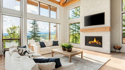 Mountain view living room with fireplace and large windows photo