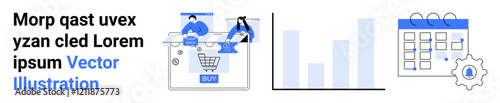 E-commerce sales website, users analyzing shopping data, bar graph, calendar with gear. Ideal for online business, data analysis, e-commerce, marketing strategies, productivity planning scheduling