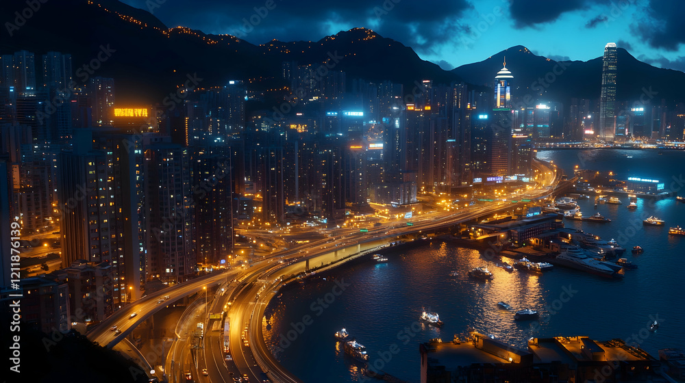 Night cityscape, harbor, highway, hills, city lights, Hong Kong, aerial view, urban development, transportation Night cityscape, harbor, highway, hills, city lights, Hong Kong, aerial view, urban development, transportation