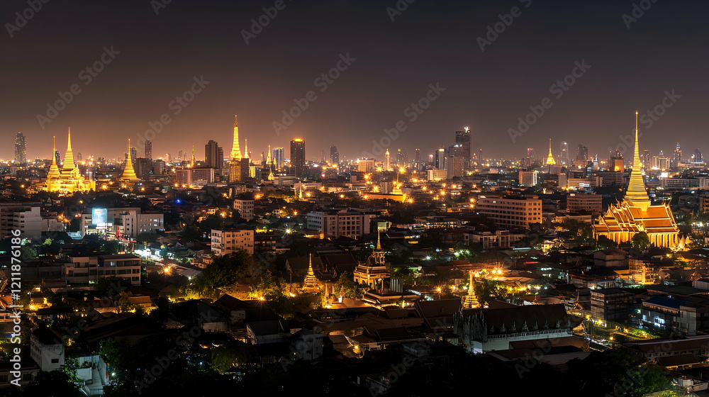 Night cityscape, illuminated temples, Asian city skyline, panoramic view, travel brochure Night cityscape, illuminated temples, Asian city skyline, panoramic view, travel brochure