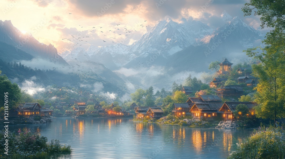 Fototapeta premium Serene Mountain Village at Dawn