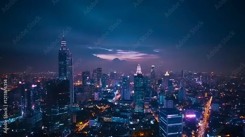 Obraz premium Night cityscape, vibrant skyline, illuminated streets, distant mountains, urban development, travel brochure