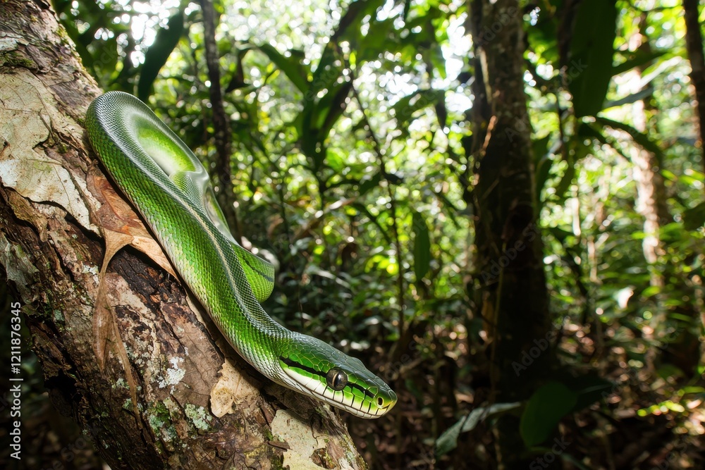 Obraz premium A green tree python coiled around a branch in a lush tropical rainforest, scales shimmering in the dappled sunlight