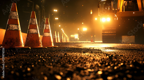 Night road construction; asphalt paving; traffic cones; city street lights background; for infrastructure projects