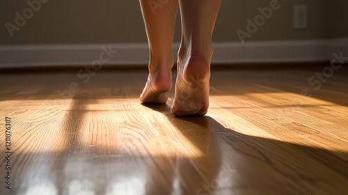 A serene morning scene of bare feet walking across sunlit hardwood floors, capturing a moment of quiet reflection and warmth. photo