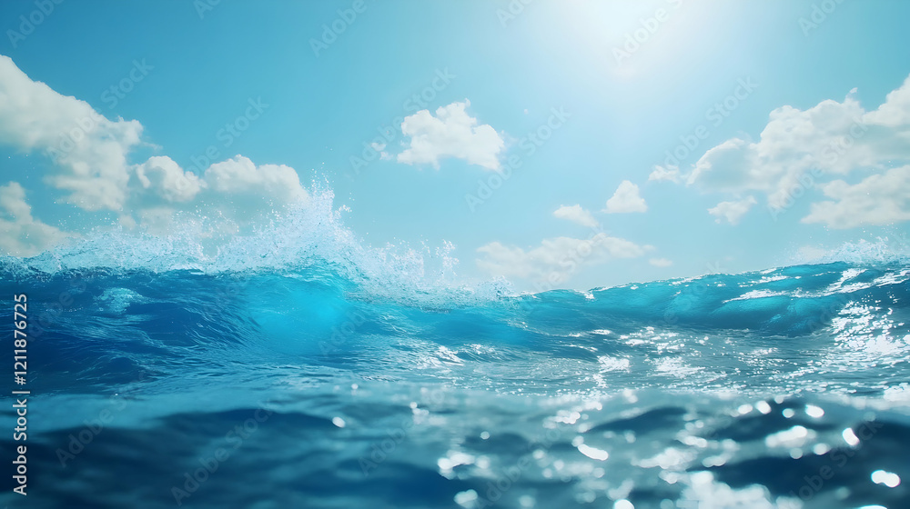 Obraz premium Ocean waves, sunny sky, blue water, summer travel, background for website