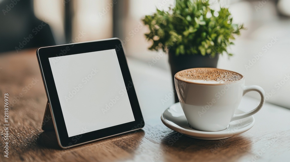 A tablet stands beside a cup of coffee on a wooden table, accompanied by a small potted plant, creating a cozy cafe atmosphere. A tablet stands beside a cup of coffee on a wooden table, accompanied by a small potted plant, creating a cozy cafe atmosphere.