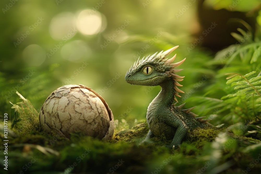 A young dragon hatching from its egg in a lush green forest A young dragon hatching from its egg in a lush green forest