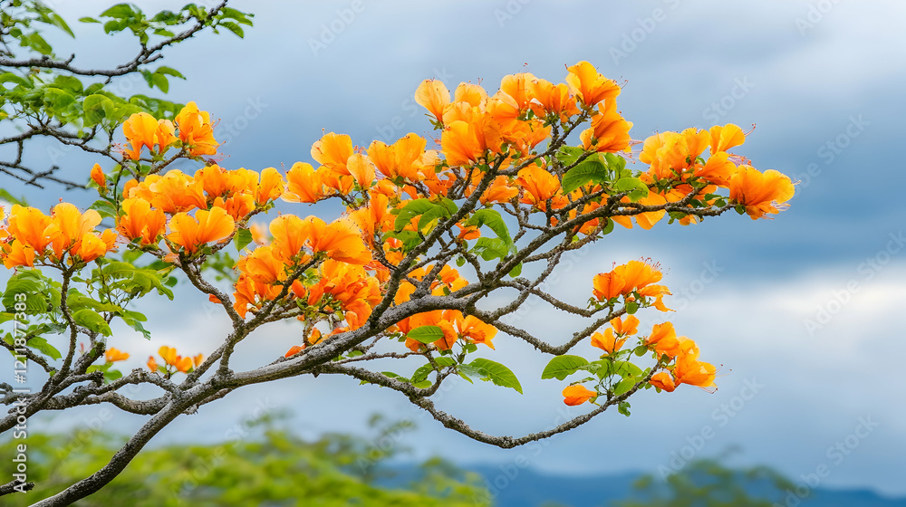 Orange flowers blooming on a branch against a cloudy sky, a tranquil nature scene perfect for springtime designs Orange flowers blooming on a branch against a cloudy sky, a tranquil nature scene perfect for springtime designs