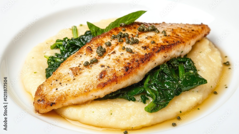 Grilled Fish Fillet Served on Creamy Grits with Leafy Greens Grilled Fish Fillet Served on Creamy Grits with Leafy Greens