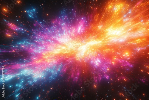 Vibrant explosion of colors and shapes resembling an exploding star, with neon lights creating long exposure effects and a cyberpunk-inspired abstract shape.