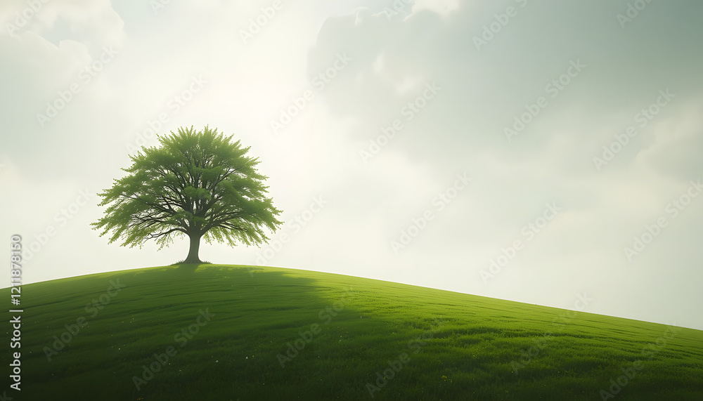 Fototapeta premium A solitary tree standing on a green hill under a clear blue sky