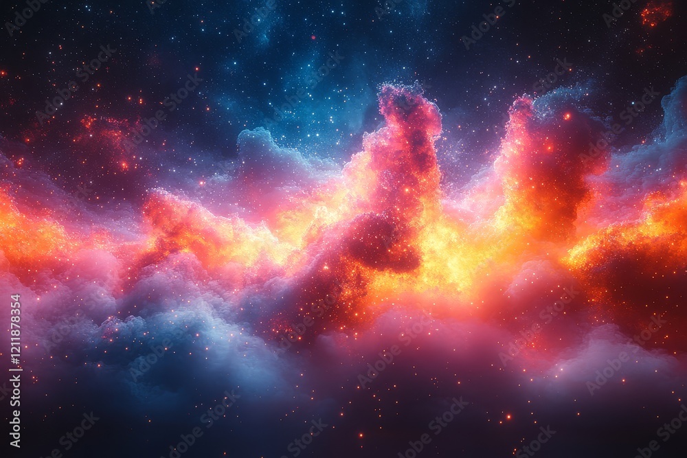 Naklejka premium Vibrant explosion of colors and shapes resembling an exploding star, with neon lights creating long exposure effects and a cyberpunk-inspired abstract shape.