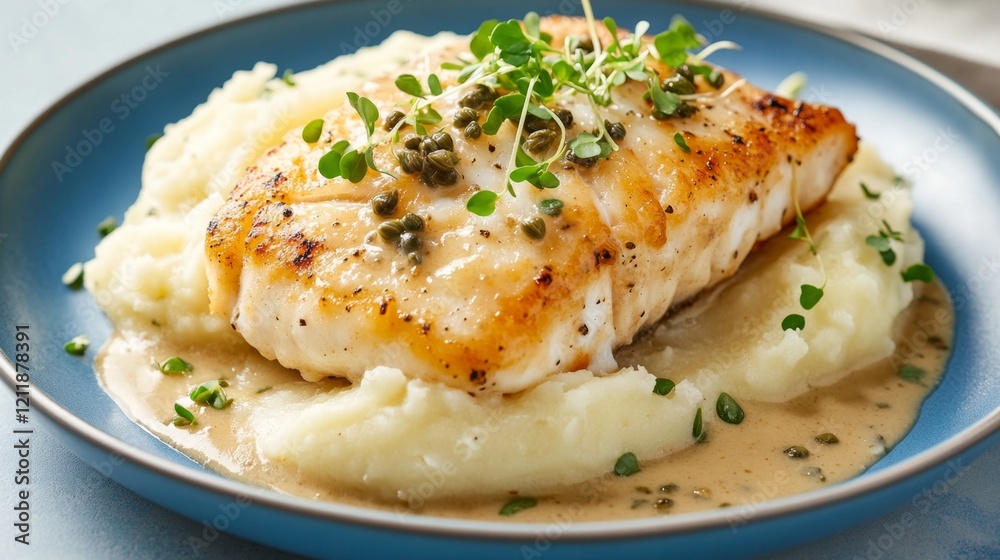Delicious Grilled Fish Fillet on Creamy Mashed Potatoes Plate Delicious Grilled Fish Fillet on Creamy Mashed Potatoes Plate