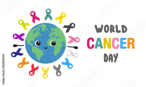 World Cancer Day concept. Cancer protection concept. Colorful cancer awareness ribbon design. Hand drawn vector illustration ,cute character isolate on white .
