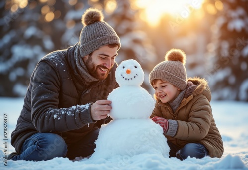 Two people building snowman in snowy area photo