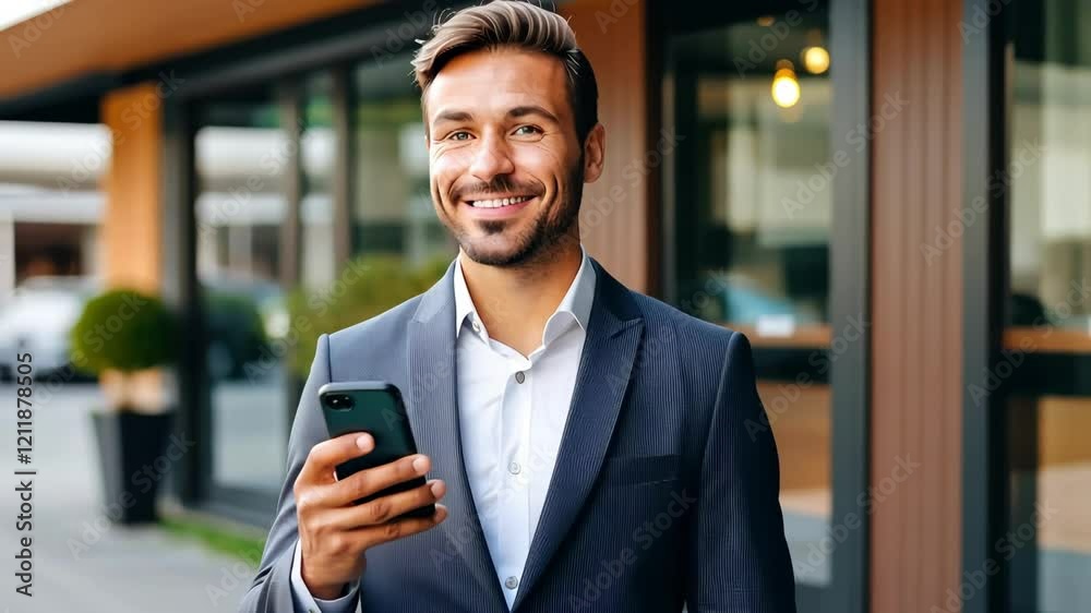 Man in suit smiles while holding smartphone, showcasing a confident and engaging atmosphere in an urban setting