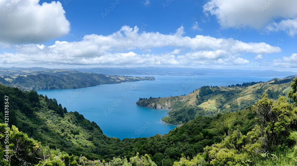 Panoramic view of a serene lake nestled in lush green hills under a bright blue sky, ideal for travel brochures Panoramic view of a serene lake nestled in lush green hills under a bright blue sky, ideal for travel brochures