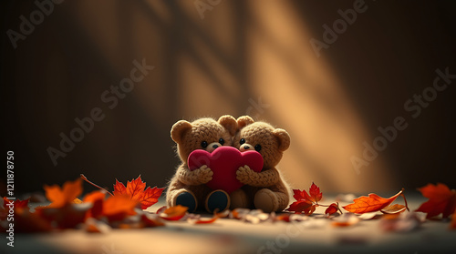 Cute teddy bear, red bow tie, autumn leaves, warm lighting, cozy atmosphere, soft focus, shallow depth of field, golden hour, nostalgic mood, plush toy, fall season, rustic background, sentimental, ch photo