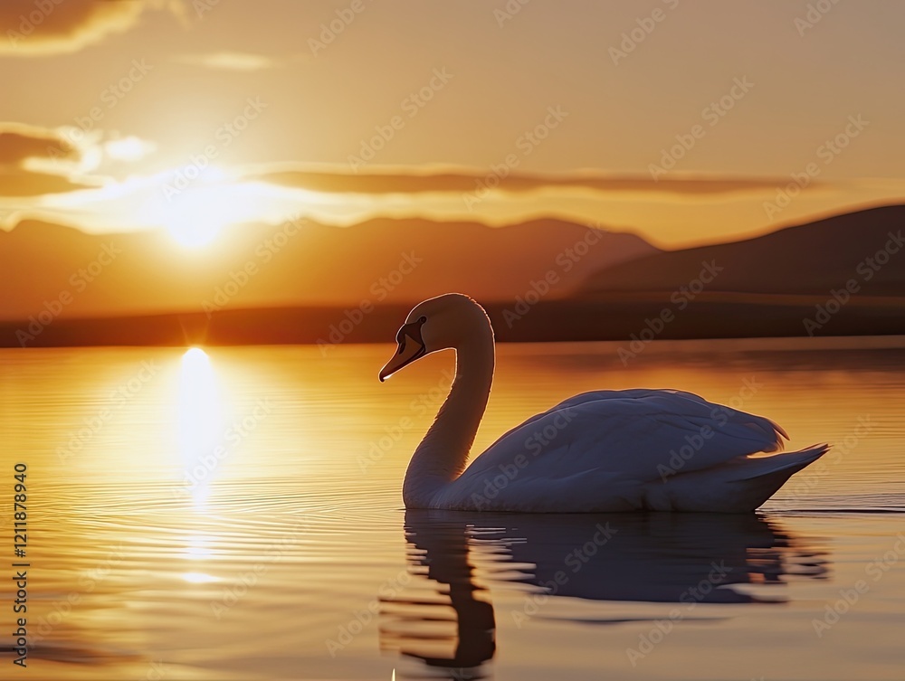 Fototapeta premium Swan sunset lake mountains serene nature peace