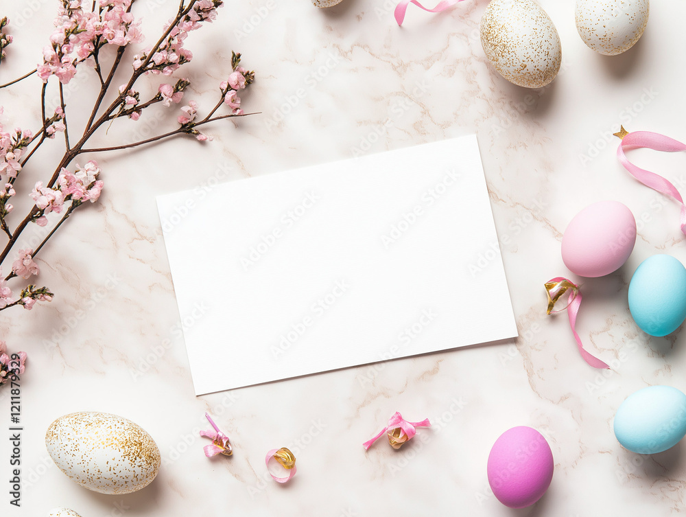 Easter-themed mockup featuring a blank vertical A5 greeting card on a flat lay background, surrounded by festive Easter decorations such as pastel-colored eggs, flowers, and seasonal accents Easter-themed mockup featuring a blank vertical A5 greeting card on a flat lay background, surrounded by festive Easter decorations such as pastel-colored eggs, flowers, and seasonal accents