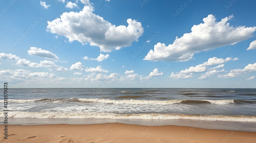 Fototapeta premium Peaceful ocean beach under sunny sky, calm waves on sandy shore, idyllic summer day, perfect for travel brochures