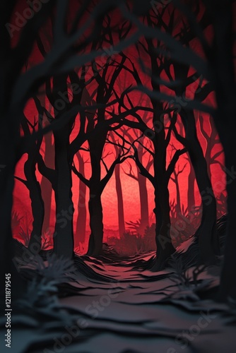 Minimalist Layered Paper Art of a Dark Forest with Dense Trees and Bold Lines in Earth Tones