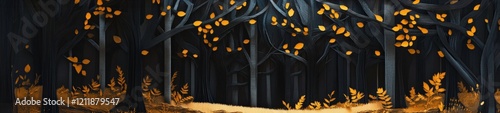 Minimalist Layered Paper Art of a Dark Forest with Dense Trees and Bold Lines in Earth Tones