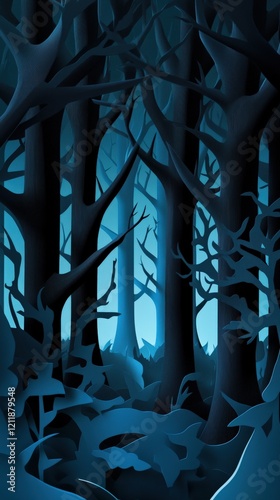 Minimalist Layered Paper Art of a Dark Forest with Dense Trees and Bold Lines in Earth Tones