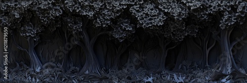 Minimalist Layered Paper Art of a Dark Forest with Dense Trees and Bold Lines in Earth Tones